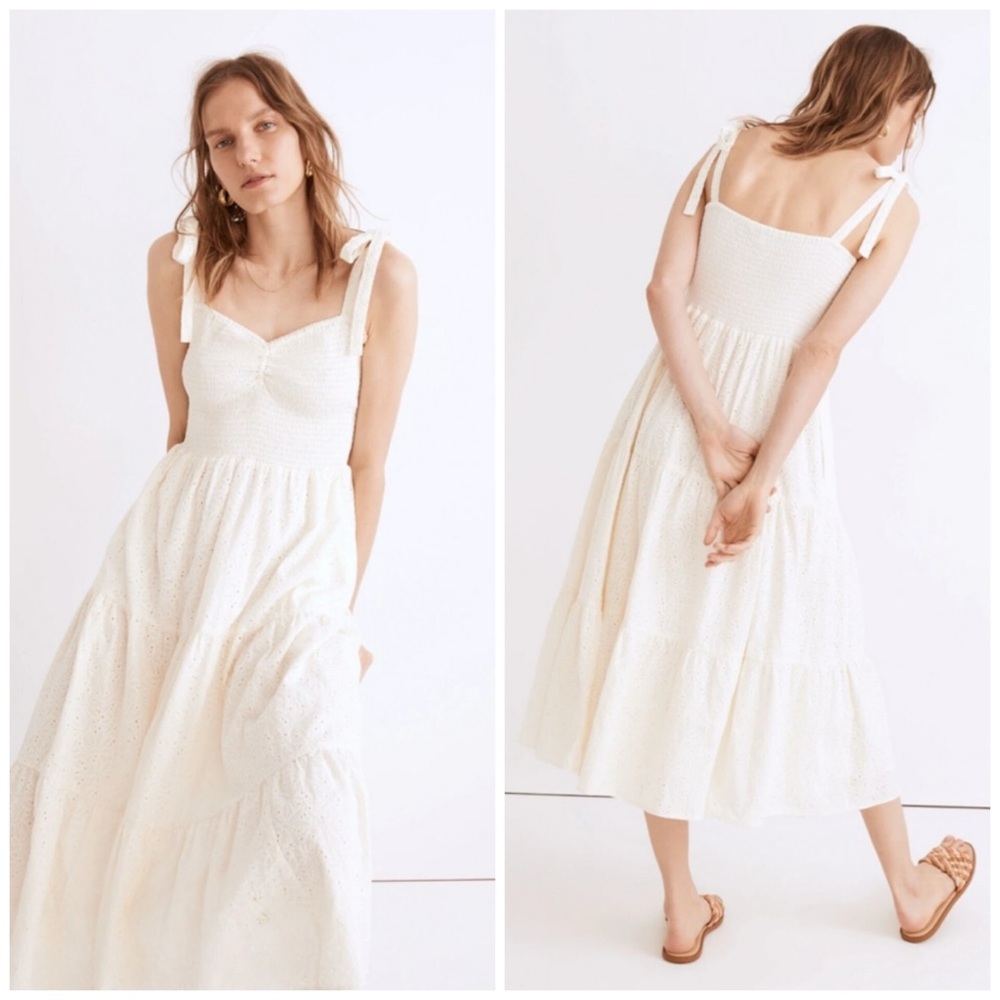 Madewell Eyelet Tie-Strap Lucie Tiered Midi Dress